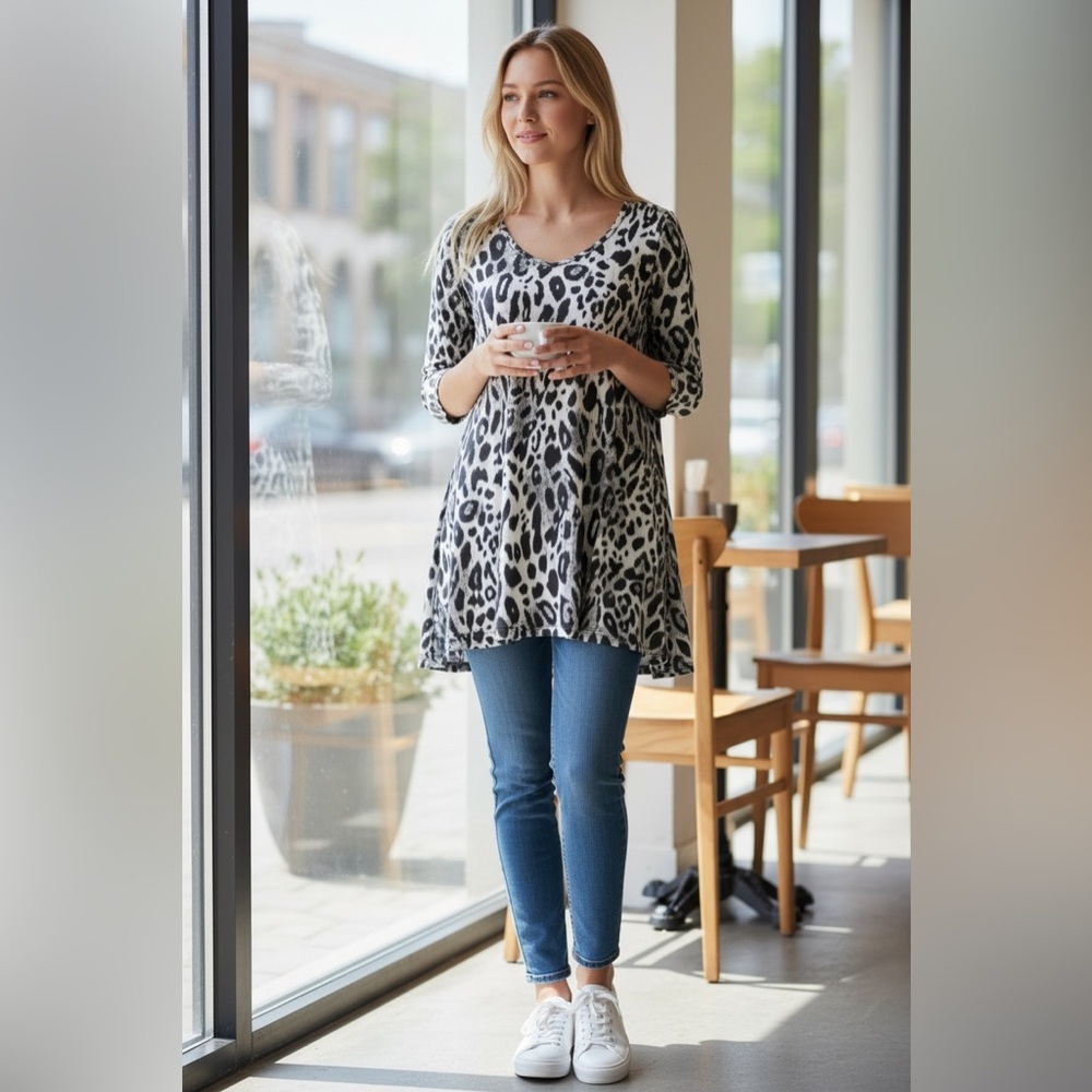 Isabella Rodriguez Ladies Y2K Black & White Leopard Print Tunic Blouse